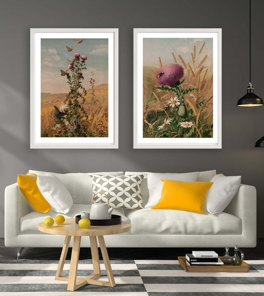 Thistle Prints Wall Art Set of 2 Beautiful Antique Vintage Wildflower Butterfly Daisies Country Farm Spring Summer Home Decor to Frame FLOW4