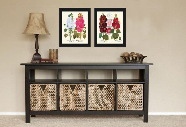 Hollyhock Flower Botanical Prints Wall Art Set of 2 Beautiful Antique Vintage White Pink Burgundy Illustration Home Room Decor to Frame BESL