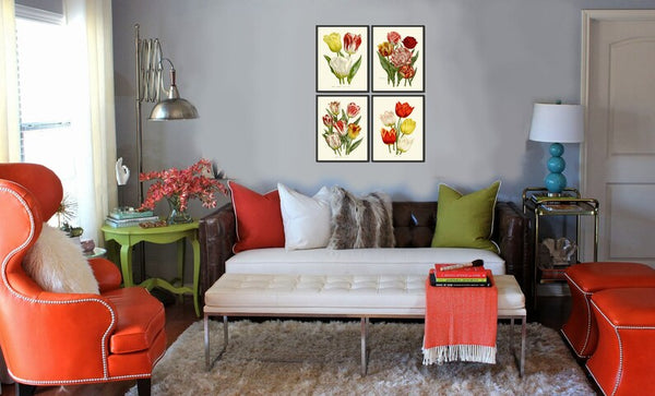 Vintage Botanical Print Set of 4 Tulip Flowers Wall Art Beautiful Antique Vintage Red White Yellow Spring Summer Home Decor to Frame HOU