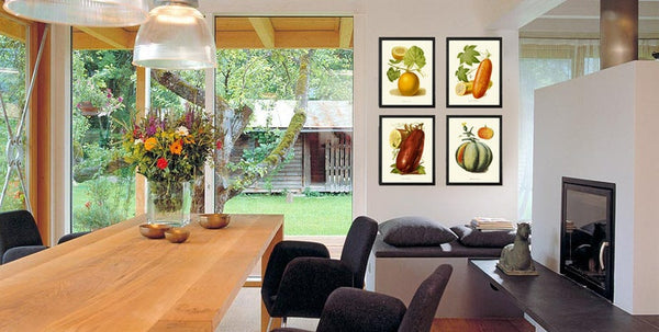 Kitchen Dining Room Wall Art Vintage Vegetable Print Set 4 Botanical Melon Cucumber Eggplant Plants Garden Nature Home Decor to Frame POMO