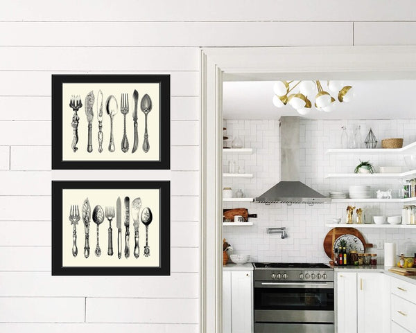 Vintage Kitchen Silverware Print Set of 2 Wall Art Antique French Kitchen Dining Room Decor Decoration Spoons Fork Tableware to Frame PRI