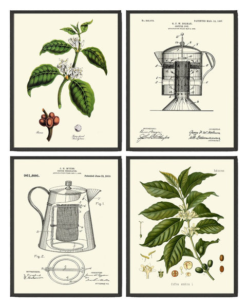 Coffee Gift Wall Art Print Set of 4 Botanical Antique Vintage Plant Home Decor Kitchen Dining Room Hanging Decor Decoration to Frame COFF