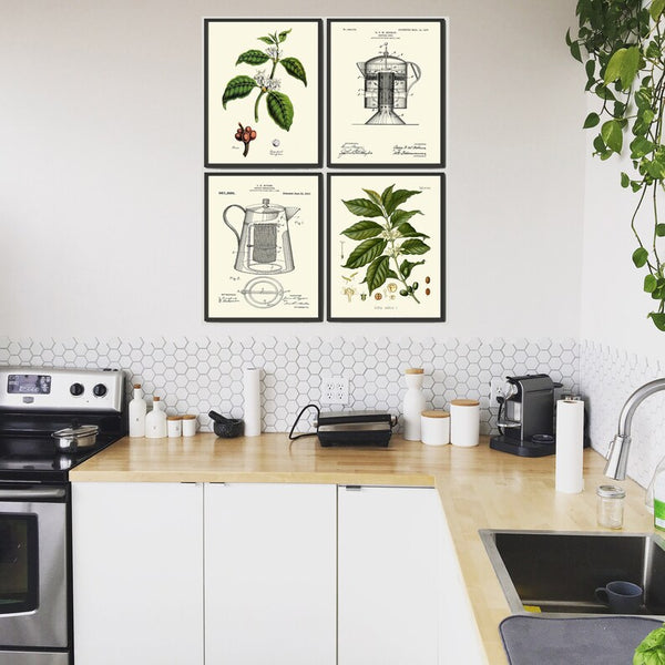 Coffee Gift Wall Art Print Set of 4 Botanical Antique Vintage Plant Home Decor Kitchen Dining Room Hanging Decor Decoration to Frame COFF