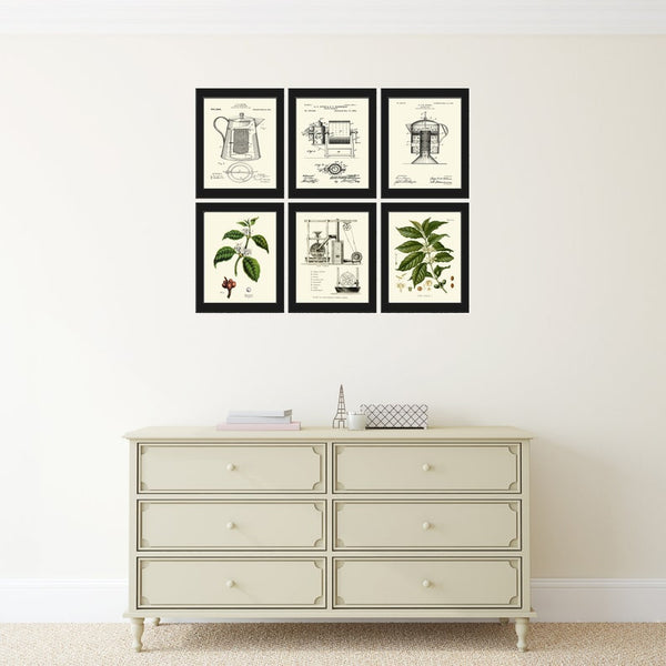 Coffee Bar Sign Wall Art Botanical Prints Set of 6 Kitchen Dining Room Plant Beans Grinding Machine Patent Drawing Home Decor to Frame COFF