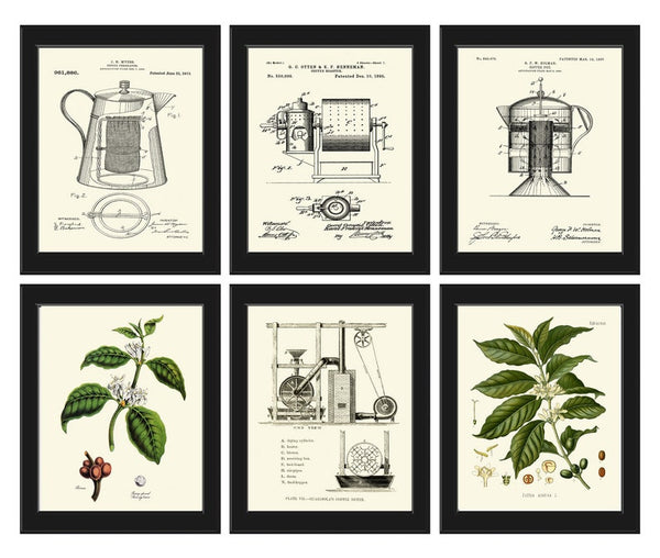 Coffee Bar Sign Wall Art Botanical Prints Set of 6 Kitchen Dining Room Plant Beans Grinding Machine Patent Drawing Home Decor to Frame COFF