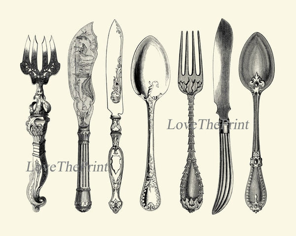 Vintage Kitchen Silverware Print Set of 2 Wall Art Antique French Kitchen Dining Room Decor Decoration Spoons Fork Tableware to Frame PRI