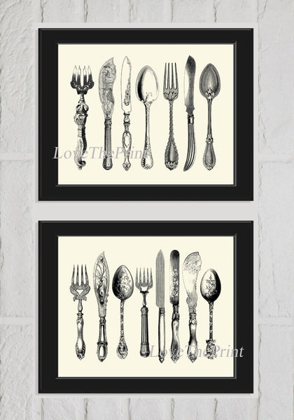 Vintage Kitchen Silverware Print Set of 2 Wall Art Antique French Kitchen Dining Room Decor Decoration Spoons Fork Tableware to Frame PRI