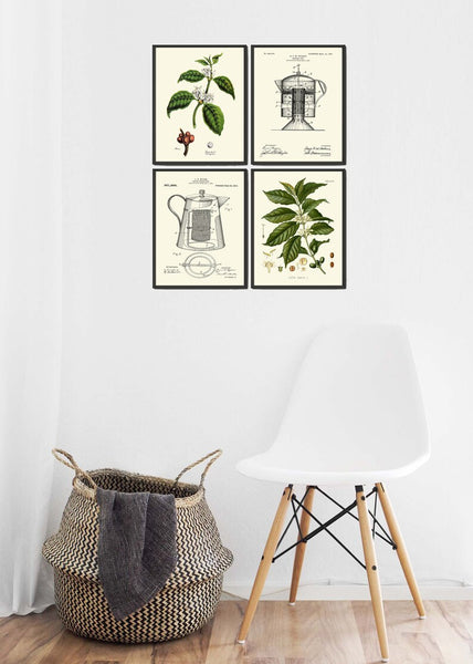 Coffee Gift Wall Art Print Set of 4 Botanical Antique Vintage Plant Home Decor Kitchen Dining Room Hanging Decor Decoration to Frame COFF