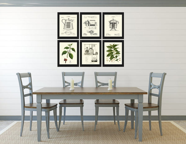 Coffee Bar Sign Wall Art Botanical Prints Set of 6 Kitchen Dining Room Plant Beans Grinding Machine Patent Drawing Home Decor to Frame COFF
