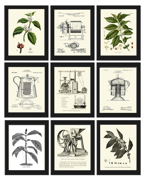 Coffee Prints Sign Patents Botanical Wall Art Set of 9 Beautiful Vintage Antique Beans Grinding Machine Kitchen Home Decor to Frame COFF