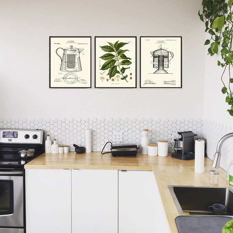 Coffee Gift Wall Art Print Set of 3 Botanical Antique Vintage Plant Home Decor Kitchen Dining Room Hanging Decor Decoration to Frame COFF