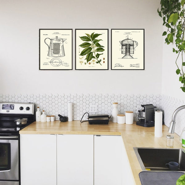 Coffee Gift Wall Art Print Set of 3 Botanical Antique Vintage Plant Home Decor Kitchen Dining Room Hanging Decor Decoration to Frame COFF