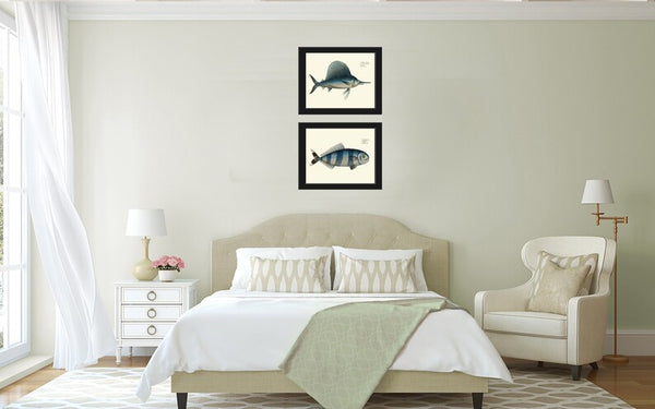Swordfish Wall Art Set of 2 Prints Beautiful Antique Vintage Blue Sea Ocean Beach House Marine Coastal Fishing Home Room Decor to Frame BL