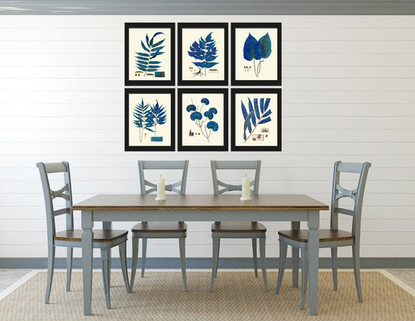 Vintage Blue Fern Print Wall Art Set of 6 Antique Bedroom Dining Room Office Bathroom Living Room Navy blue Interior Home Decor to Frame HWB