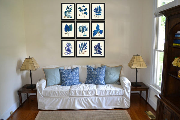 Blue Botanical Fern Print Wall Art Set of 9 Beautiful Antique Vintage Blue Interior Design Wall Hanging Gallery Home Room Decor to Frame LIN