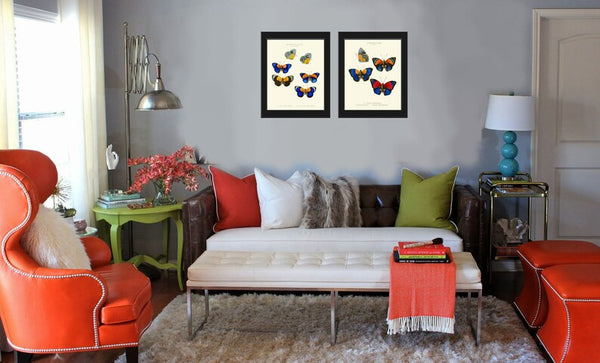 Colorful Butterflies Wall Art Set of 2 Prints Vintage Antique Blue Red Yellow Garden Outdoor Nature Poster Home Decor Picture to Frame WH