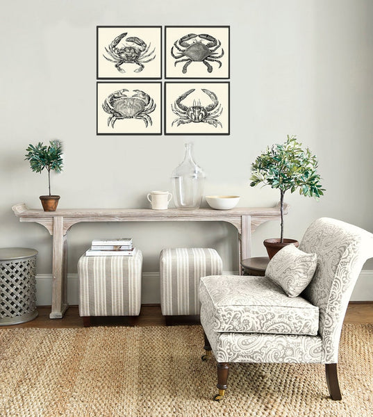 Vintage Crab Prints Wall Art Set of 4 Beautiful Black and White Crabs Sea Ocean Nautical Marine Nature Science Beach Home Decor to Frame SM